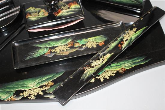 A Chinese Fuzhou (Foochow) lacquer desk set, mid 20th century, the blotter pad holder 45cm wide